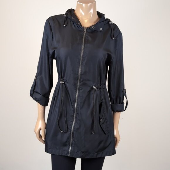 Nanette Lepore Hooded Windbreaker Jacket Cinch Waist Lightweight Roll Tab Sleeve - Picture 10 of 13